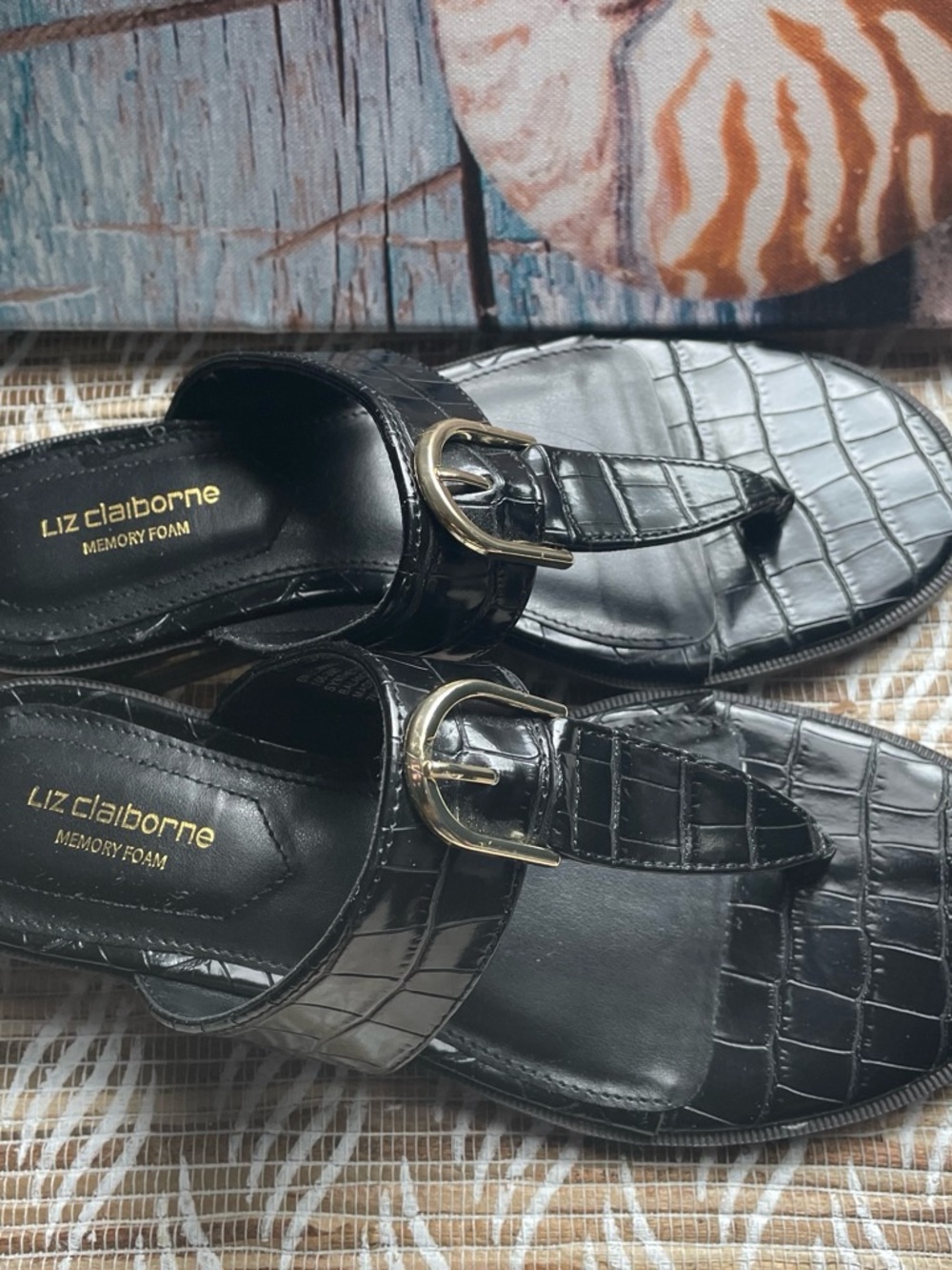 Liz Claiborne Black Croc-Embossed Slide Sandals with Gold Buckle